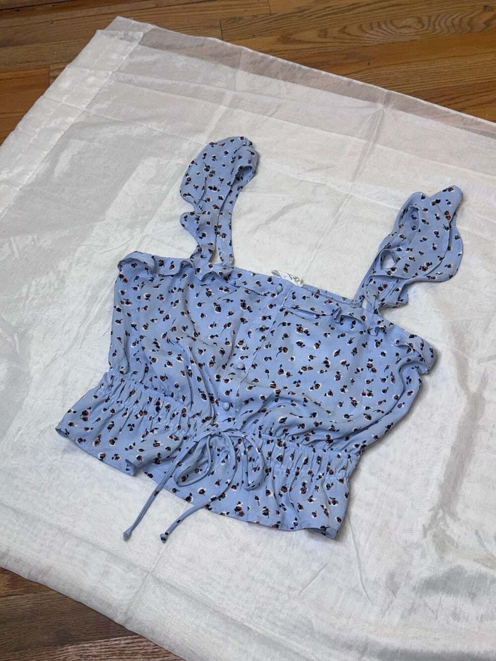 Sienna Sky Blue Floral Ruffle Hem Peplum Crop Top Size L